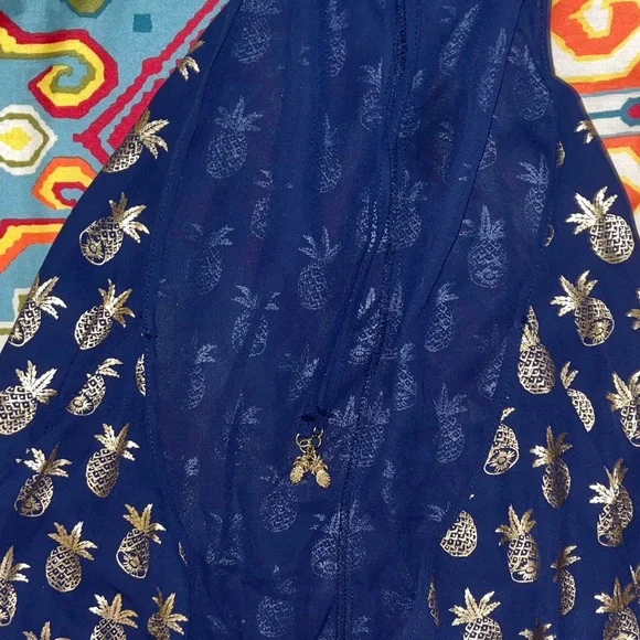 Navy Blue Halter Jumpsuit with Gold Pineapple Print - Picture 4 of 4